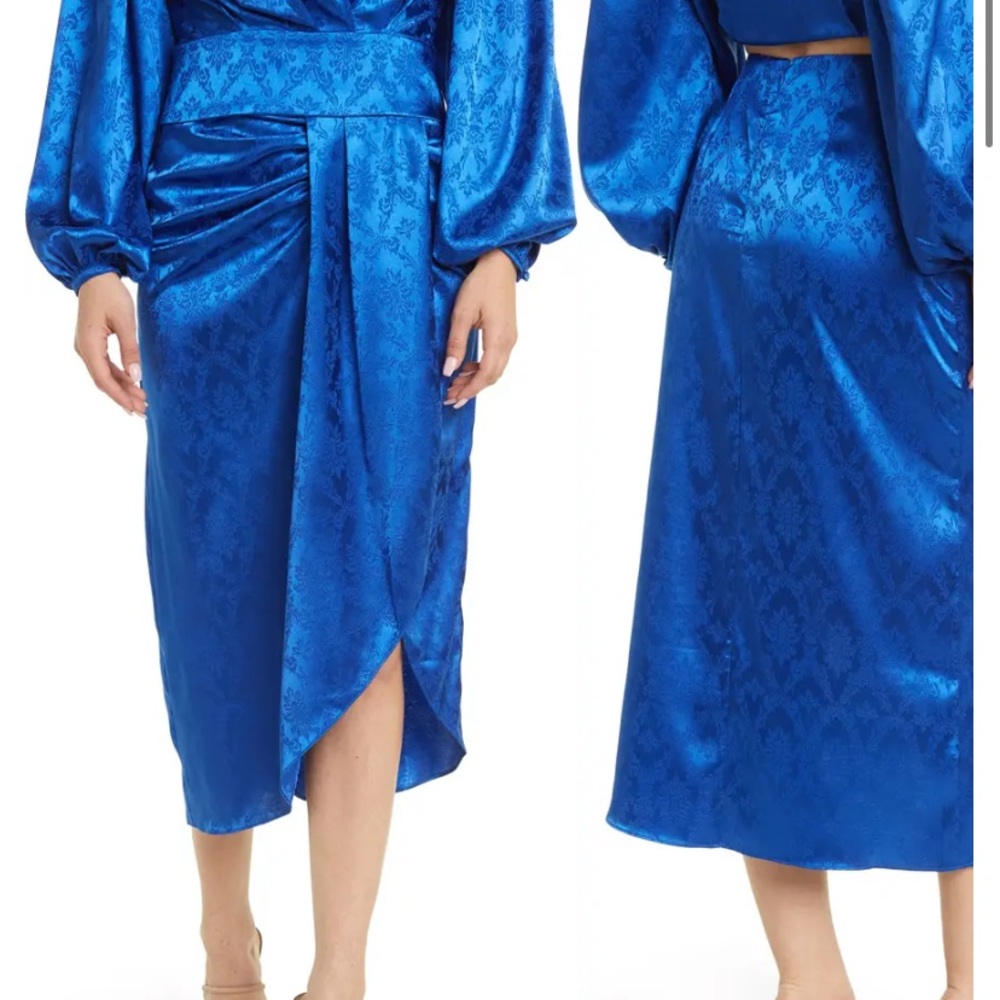 Ronny Kobo Jacquard Miranda Blue Satin MIDI Skirt